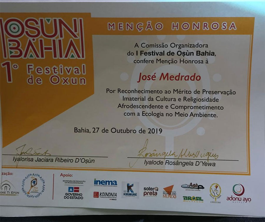 O 1º Festival de Oxun Bahia, que aconteceu neste domingo (27/10), conferiu menção honrosa a José Medrado 